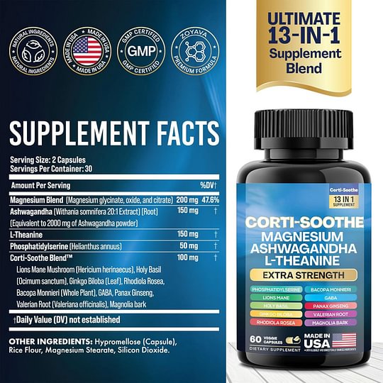 Corti-Soothe Cortisol Supplement Magnesium Glycinate 200mg L-Theanine 150mg Ashwagandha 150mg Phosphatidylserine Cortisol Manager Lions Mane Ginkgo Biloba Bacopa Monnieri Valerian Root 60 Caps