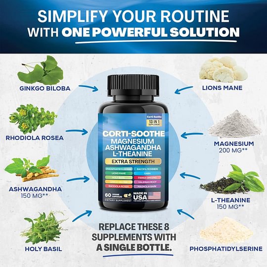 Corti-Soothe Cortisol Supplement Magnesium Glycinate 200mg L-Theanine 150mg Ashwagandha 150mg Phosphatidylserine Cortisol Manager Lions Mane Ginkgo Biloba Bacopa Monnieri Valerian Root 60 Caps