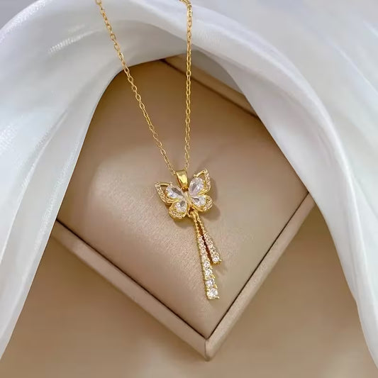 Elegant 14K Gold-Plated Butterfly Tassel Necklace with Sparkling Zirconia Accents - Perfect Gift for Fashion-Forward Women, Versatile for Daily Wear & Parties, Valentine'S Day Accessory, Party Accessory, Sophisticated Design, Intricate Craftsmanship