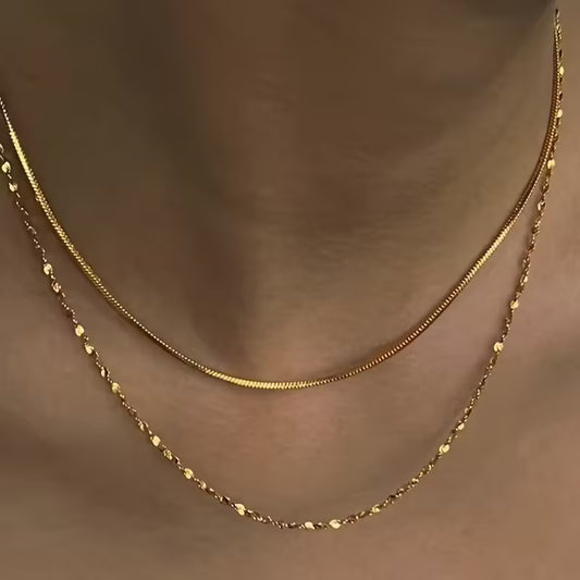 18K Golden Plated Stainless Steel Chain Necklace Set - 2pcs, Simple & Elegant Double Layered Snake and Bead Chain, Versatile for Daily & Party Wear