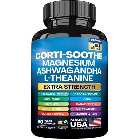 Corti-Soothe Cortisol Supplement Magnesium Glycinate 200mg L-Theanine 150mg Ashwagandha 150mg Phosphatidylserine Cortisol Manager Lions Mane Ginkgo Biloba Bacopa Monnieri Valerian Root 60 Caps