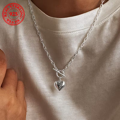 Two pieces-S925 Sterling Silvery - Heart pendant Necklace - with vintage Hip Hop OT buckle - perfect everyday accessory and Mother's Day, birthday gift