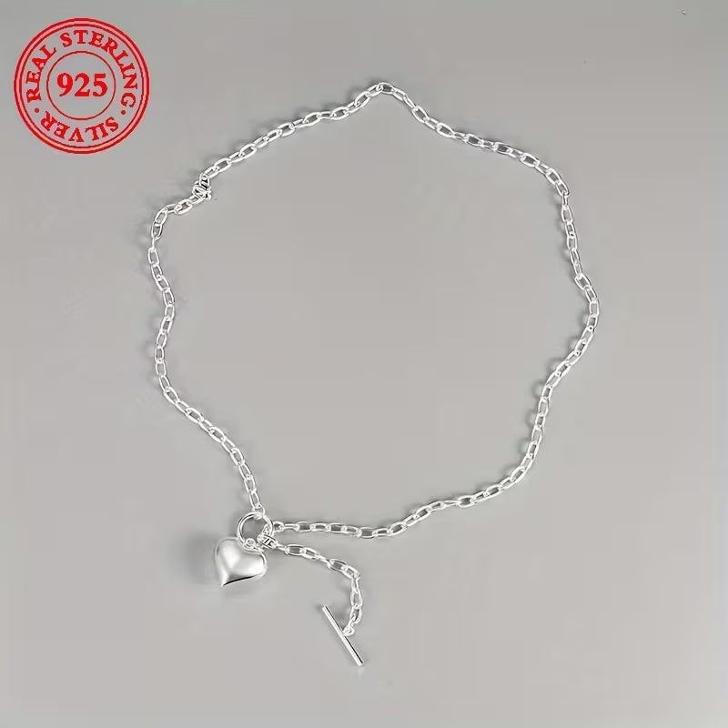 Two pieces-S925 Sterling Silvery - Heart pendant Necklace - with vintage Hip Hop OT buckle - perfect everyday accessory and Mother's Day, birthday gift