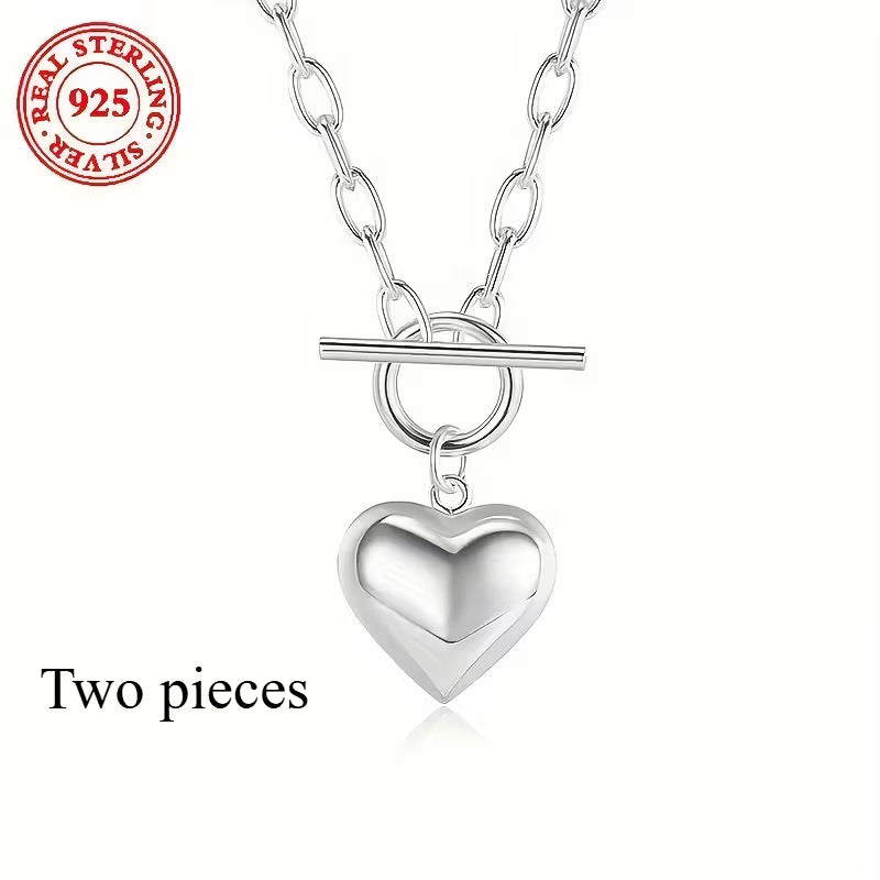 Two pieces-S925 Sterling Silvery - Heart pendant Necklace - with vintage Hip Hop OT buckle - perfect everyday accessory and Mother's Day, birthday gift