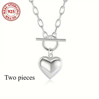 Two pieces-S925 Sterling Silvery - Heart pendant Necklace - with vintage Hip Hop OT buckle - perfect everyday accessory and Mother's Day, birthday gift