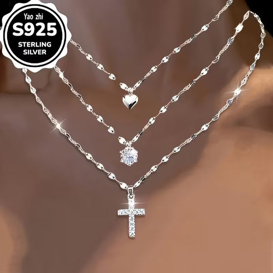 3pcs Elegant 925 Silvery - Lip Cross Shimmering Zirconia and Heart Necklace Set - Sparkling Coconut Snowflake Chain and Zirconia Necklace Combo, Perfect for Daily Wear & Parties, Ideal Gift for Herv