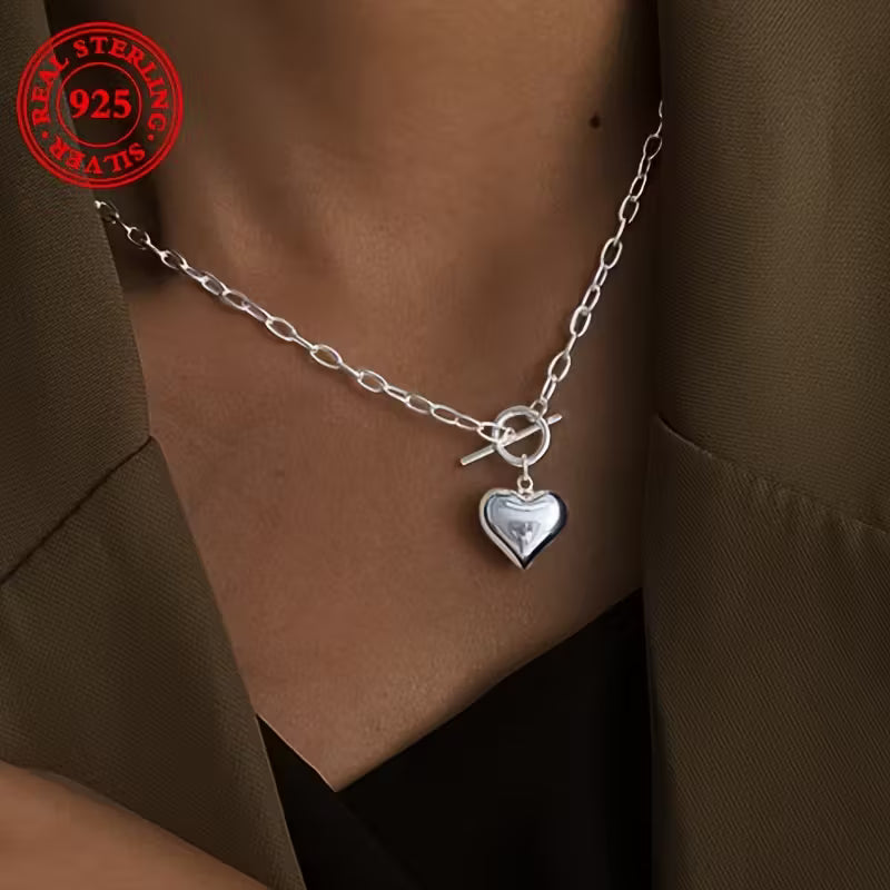 Two pieces-S925 Sterling Silvery - Heart pendant Necklace - with vintage Hip Hop OT buckle - perfect everyday accessory and Mother's Day, birthday gift