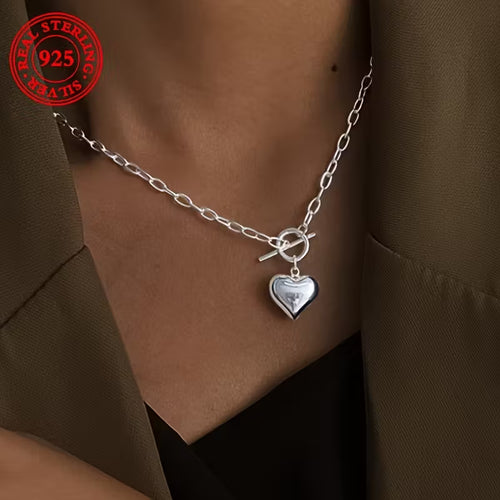 Two pieces-S925 Sterling Silvery - Heart pendant Necklace - with vintage Hip Hop OT buckle - perfect everyday accessory and Mother's Day, birthday gift