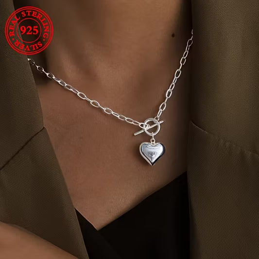 Two pieces-S925 Sterling Silvery - Heart pendant Necklace - with vintage Hip Hop OT buckle - perfect everyday accessory and Mother's Day, birthday gift
