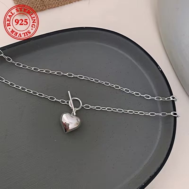 Two pieces-S925 Sterling Silvery - Heart pendant Necklace - with vintage Hip Hop OT buckle - perfect everyday accessory and Mother's Day, birthday gift
